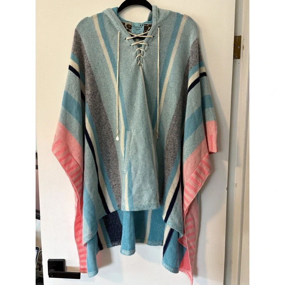 Letarte Handmade 100% Cashmere Poncho Hoodie Stripe Blue Pink Cream Lace Up OS